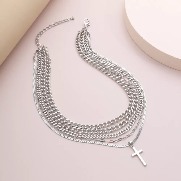 Silver Multilayer Cross Necklace - Picture 4 of 9